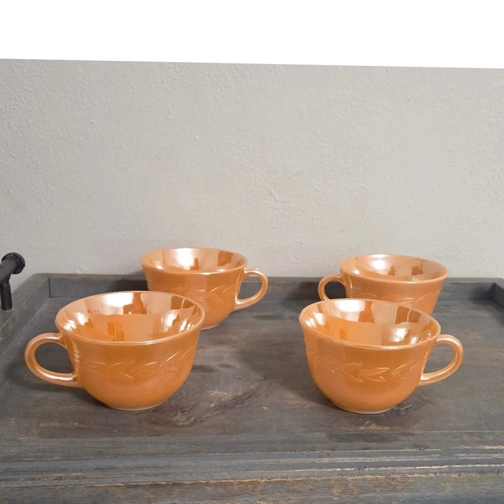 Fire-King Peach Lustre Laurel Tea Cups Set of 4 Vintage Iridescent Milk Glass‎